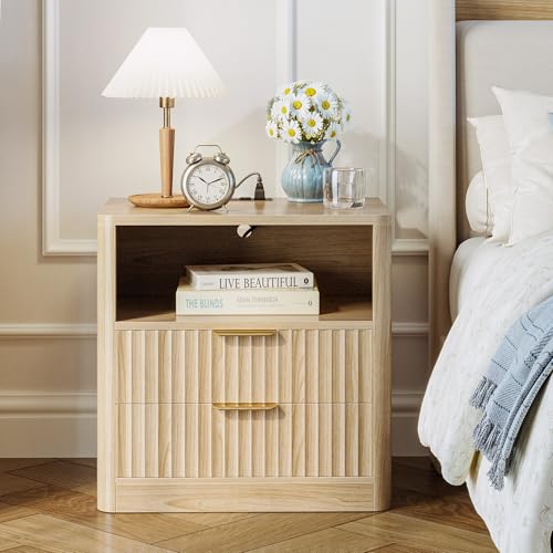 IRONCK Fluted Night Stand Set of 2, Modern Nightstand with Charging Station, Drawers and Open Shelves - Bedside Table Wood Side Table Set for Bedroom, Oak - color: Oak