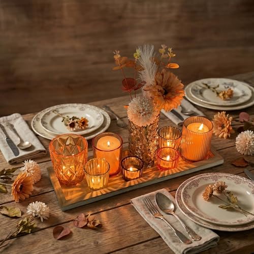 Votive Candle Holders Set with Wooden Tray - 8 Piece Rustic Colored Glass Candlestick & Solid Wood Centerpiece Decor for Mantel, Dining Table, Farmhouse Wedding Decor - color: Colored Candlestick