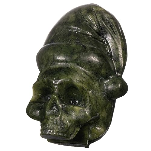 Nupuyai Natural Green Jade Skull with Santa Hat Statue for Home Office Decor, Healing Carved Stone Skeleton Head Figurine Collectible Sculpture for Christmas Halloween Reiki Healing Meditation - size: 3.85-4.05''