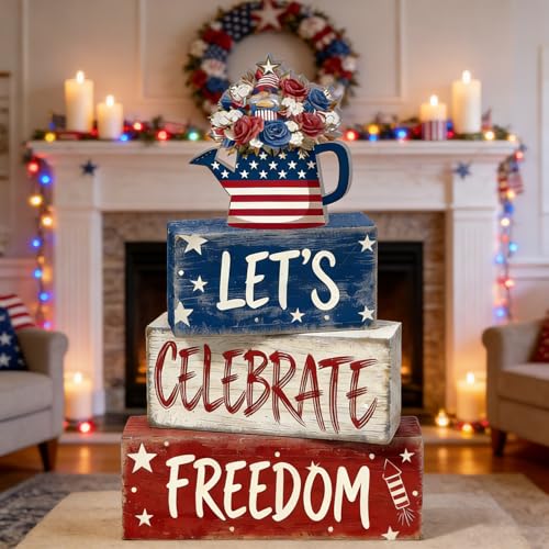 4th of July Table Decorations Patriotic Memorial Day Tiered Tray Decor Wooden Freedom Block Signs Independence Farmhouse 250th July Fouth Centerpiece for Tables Wooden Sign for Home Decor - style: Freedom