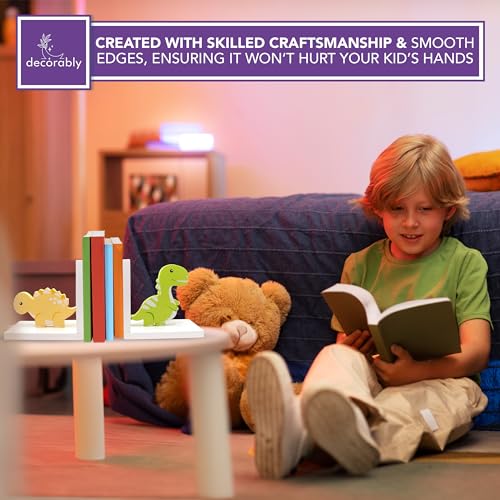 Decorably Stego and Trex Dinosaur Book Ends for Kids Books - 1 Set Non-Skid Wooden Decorative for Boys Room, Baby's Nursery, Classroom Decor - style: Stego & Trex