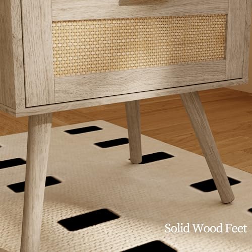 JOONEE Rattan Nightstand with Charging Station,Farmhouse Bedside Table with 2 Storage Drawer and Open Wood Shelf, for Bedroom and Small Spaces,Night Stand with Solid Wood Legs (Grey Oak-Outlet) - color: Grey Oak-outlet