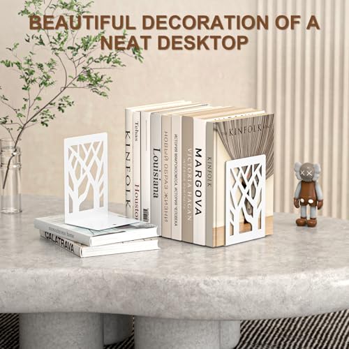 VFINE Withe Bookend 2-Piece, Tree Design Bookends for Shelves, Metal Book Ends for Desk, Decoration Stylish Bookshelf Bookends for Home Office School Supplies - style: White bookend 1 pair