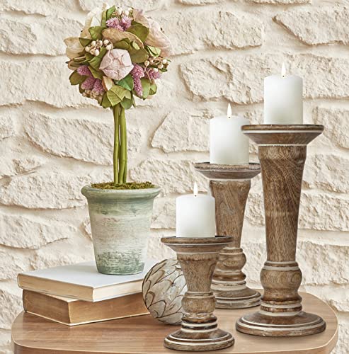 Hand Crafted Decorative Wooden Pillar Candle Holder Stand Siren Shape, Rounded Turned Colums, Country Style Ideal for Gift, Wedding, Christmas, Party, Home, Spa - 10,8,6 Inch Set of 3 - White Wash - color: White Wash, size: 10,8,6 Inch Set of 3 - Siren