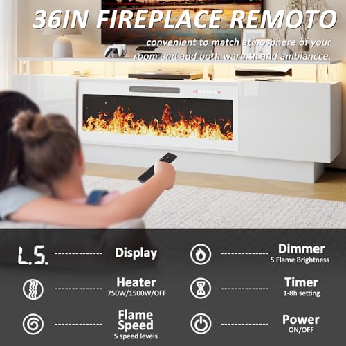 LEMBERI 70" Fireplace TV Stand for TVs up to 80 Inches with White 36'' Electric Fireplace & Remote, Modern Entertainment Center with LED Light,Woodeen TV Console for Living Room, 8 Acrylic Posts, Wht - color: White With White Fireplace (Acrylic Posts), si