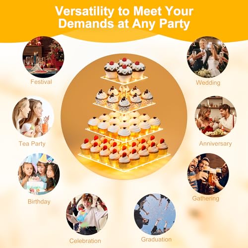 YestBuy 4 Tier Cupcake Stand Acrylic Tower Display with LED Light Premium Holder Dessert Tree Tower for Birthday Cady Bar Décor Weddings, Parties Events (Yellow Light) - color: Yellow, size: 4 tier