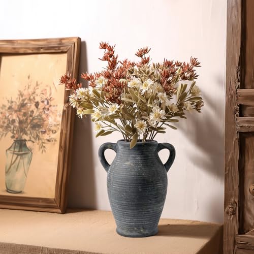 Sunddo Black Vases Home Decor, Rustic Farmhouse Ceramic Vase with 2 Handles, Vintage Stone Pottery Decorative, Living Room, Shelf Enterway, Wedding, Table Decor - color: Rustic Black - 8, size: 8 Inch