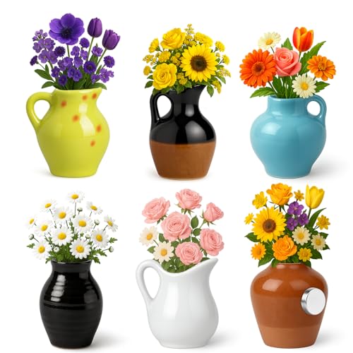 Juome Mini Vase Magnets for Fridge - 6PCS Cute Tiny Ceramic Magnet Vases for Flowers Plant, 3D Mini Magnetic Vases for Refrigerator Kitchen Locker Office Decoration (Include Flower) - color: 6pcs+flower