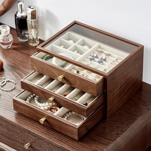 CHOSIN Black Walnut Wooden Jewelry Box for Women, 3-Layer Wood Jewelry Organizer with Glass Lid for Watches, Necklaces, Rings & Earrings Storage Mothers Day Gifts for Mom - style: 3 Layer