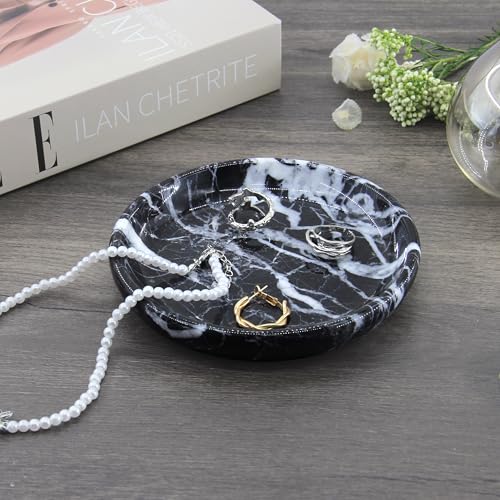 Small Natural Marble Jewelry Tray Key Plate Holder Dish Trinket Decor Catch All Bowl for Ring Earring Stone Gift for Women Daugther,Black,5.5" - color: Black