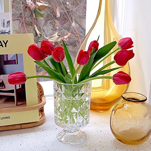 BLOFLO Embossed Glass Vase, 7'' Crystal Glass Vases for Flowers, Pedestal Big Base Glass Bouquet Vase, Hydroponic Glass Transparent Vase for Home Office Wedding Dining Table Party - color: Diamond Pattern