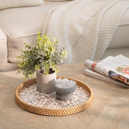 StorageWorks Decorative Coffee Table Trays for Home Decor, Round Rattan Tray with Mother of Pearl Inlay, Small Wicker Woven Serving Tray Decor for Kitchen Counter, Living Room and Ottoman, Yellow - color: Yellow Petal, size: 11.8"