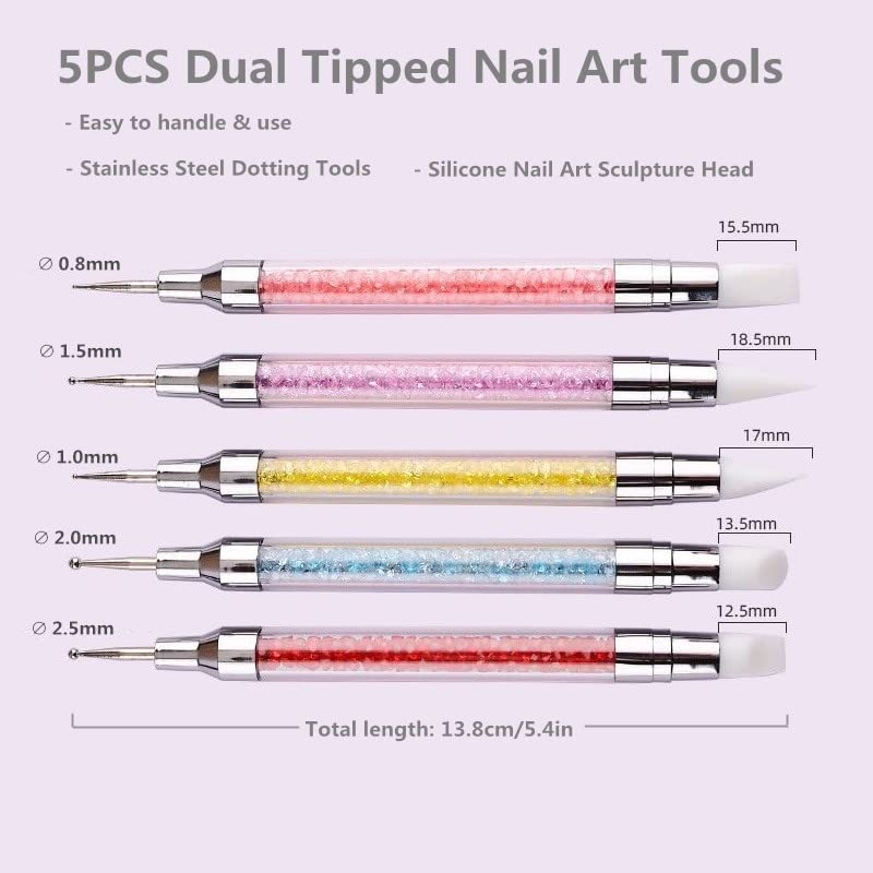 FULINJOY 5PCS Dual-Ended Nail Art Sculpture Pen Dotting Tools, Silicone Nail Polish Brushes Stainless Steel Carving Drawing Dotting Tool, Acrylic Rhinestone Handle, Nail Art Tools - size: 5PCS