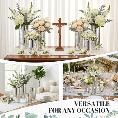 12 Pcs Silver Cylinder Vases for Centerpieces Mercury Vase Hurricane Vase Bulk Acrylic Round Wide Container for Flowers Home Office Wedding Table Decorations (4''/6''/8'') - color: Silver, size: 4''/6''/8''