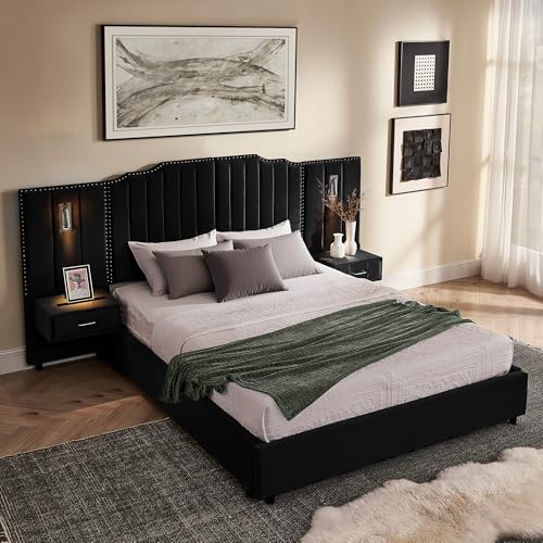 Luxury Queen Size Bed Frame with LED Lights and Nightstands, Modern Velvet Upholstered Platform Bed Frame with Oversized Headboard, Buttons Around, No Box Spring Needed, Black | Breathable material - color: Black-velvet, size: Queen