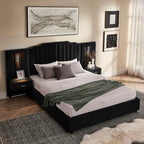 Luxury Queen Size Bed Frame with LED Lights and Nightstands, Modern Velvet Upholstered Platform Bed Frame with Oversized Headboard, Buttons Around, No Box Spring Needed, Black | Breathable material - color: Black-velvet, size: Queen