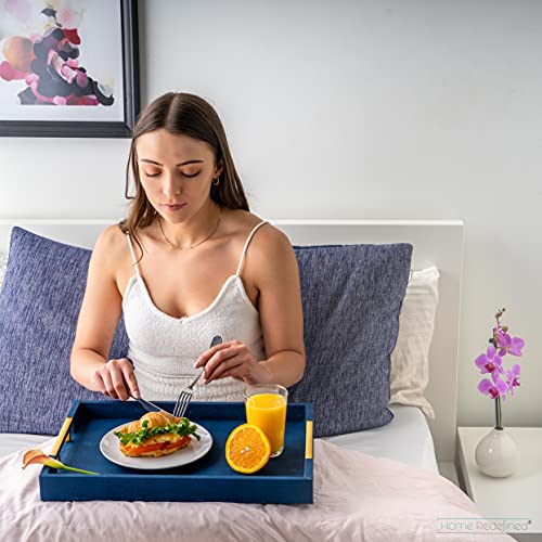 Modern Elegant 17.5”x12” Rectangle Navy Blue Faux Leather Shagreen Decorative Tray Ottoman Tray Coffee Table Perfume Living Room Kitchen Serving Tray with Brass Gold Metal Handles by Home Redefined. - color: Navy/Gold Brass