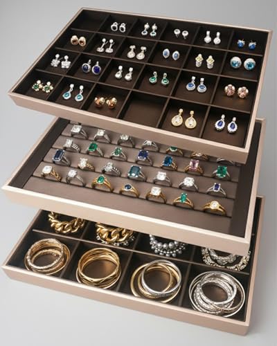 Rocutus Jewelry Trays,3 Pack Stackable Velvet Jewelry Organizer Tray Drawer Jewelry Storage Tray,Divided Ring Organizer Tray for Earrings, Necklaces, Bracelets,13.8"x9.5"x1.2" (Champagne Gold) - color: Champagne Gold