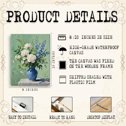 RTVJTERQ Ready to Hang Canvas Wall Art 8x10, Mixed Flowers in Blue Vase Oil Painting, Elegant Botanical Decor for Living Room Bedroom Dining Room