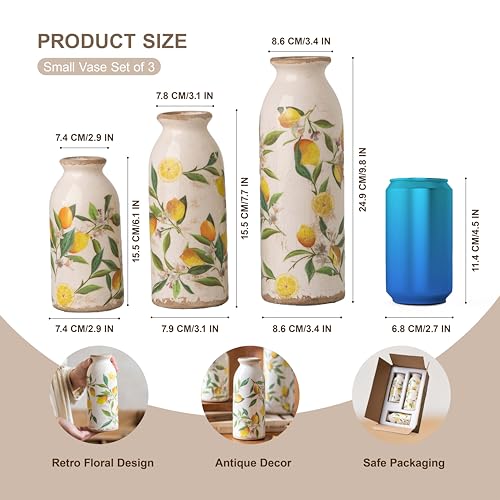 Teweiqi Vintage Vase Set of 3, Ceramic Flower Vases Decor, Rustic Farmhouse Vases Retro Decorative Vases, for Home Living Room Kitchen Table Mantle Shelf Decor - Lemon - color: Lemon, size: set of 3