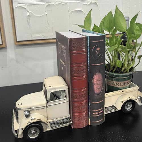 Decorative Book Ends Vintage Bookends: Metal Truck Book Stopper for Heavy Books - Farmhouse Decor for Shelf Table Coffee Bar Office Home - Gift for Adults Men Teen (Vintage White) - color: Vintage White