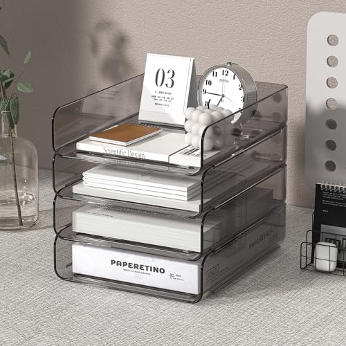 FANXIYQ 4-Tier Acrylic Paper Tray Organizer | Clear Stackable Desk Organizer for Documents, Letters, A4 Paper | Modern Office/Classroom/Home Organization,Brown - color: Brown