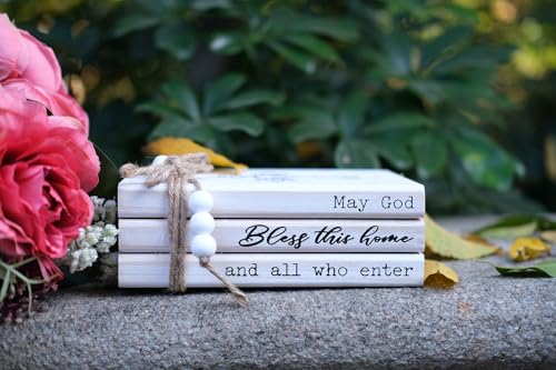 LIVDUCOT Rustic Decorative Coffee Table Books for Home, Wood Book Stack Decor Set of 3, Farmhouse Mantel Decor, Christian Gifts (May God Bless This Home And All Who Enter) - color: Bless this home