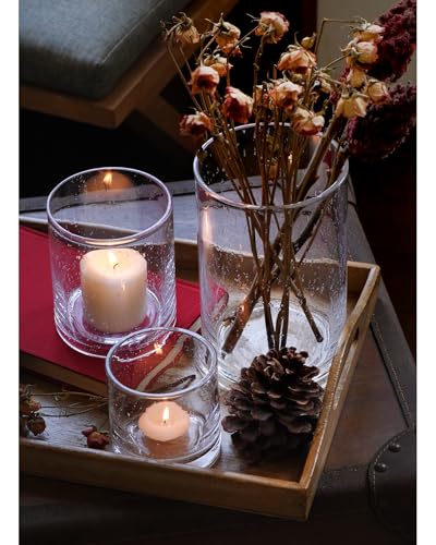 ARIAMOTION Glass Candle Holders Set, Hurricane Vase Centerpieces for Pillar Votive Flower,Clear Seeded Bubbles Cylinder Bulk, Mother's Day Birthday Gift,3 Sizes 8 Inch 5 Inch 3.5 Inch Height - color: Bubbles Clear