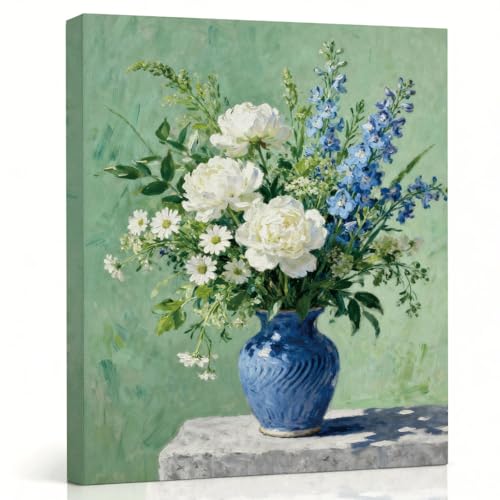 RTVJTERQ Ready to Hang Canvas Wall Art 8x10, Mixed Flowers in Blue Vase Oil Painting, Elegant Botanical Decor for Living Room Bedroom Dining Room