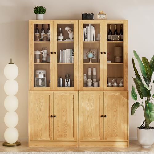 TUSY 71" TV Stand Storage Set - 2 Tall Bookcases & 2 Side Cabinets, Media Console with Glass & Wood Doors, Entertainment Center with Drawers, Tall Media Console for Living Room (Wood, ADDA) - color: Wood