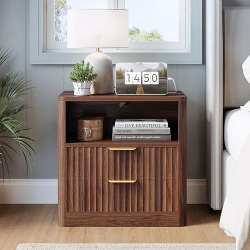 IRONCK Fluted Night Stand Set of 2, Modern Nightstand with Charging Station, Drawers and Open Shelves - Bedside Table Wood Side Table Set for Bedroom (Walnut) - color: Walnut