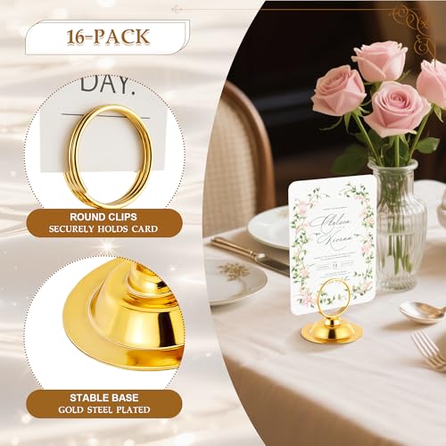 Urban Deco 16 PK Table Card Holder Place Card Holders Steel Card Holders for Photos, Food Signs, Memo Notes, Weddings, Restaurants, Birthday（Gold） - color: Gold