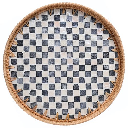 14-inch Rattan Checkered Tray with Mother of Pearl, Round Coffee Table Tray Decor, Round Wicker Boho Decorative Woven Serving Tray (Checkerboard) - color: Checkerboard, size: 14 inch