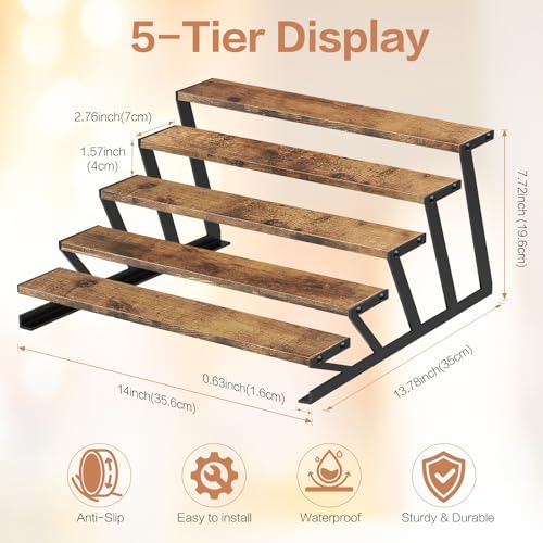 KALYLOC 5 Tier Wooden Display Riser Stand 13.8 Inch Metal Step Perfume Stand Organizer Tabletop Tiered Display Shelf Rack for Cologne Cupcake Spice Figures Cosmetics Candles (Brown, Z-Shape) - color: Brown, size: 5 tier-Z shape