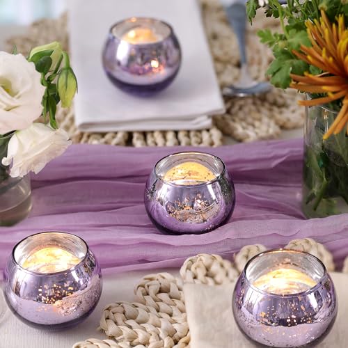 Volens Round Purple Votive Candle Holders Set of 12, Purple Wedding Centerpiece Table Decorations, Mercury Glass Tealight Candle Holder for Bridal Shower, Baby Shower & Home Decor - color: Purple