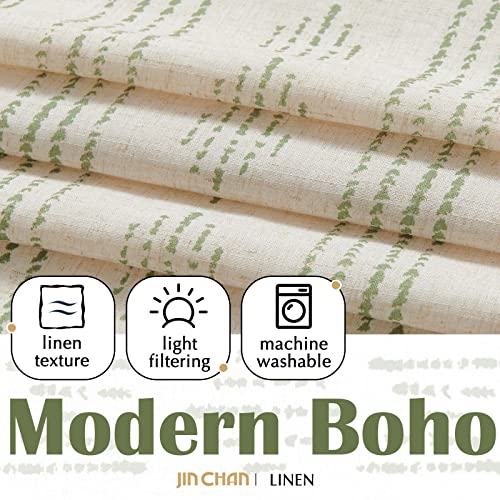 jinchan Boho Kitchen Curtains Linen Tier Curtains 24 Inches Bohemian Cafe Small Drapes Striped Mudcloth Farmhouse for Bathroom RV Camper Light Filtering Rod Pocket 2 Panels Green on Beige - color: Boho Green on Beige, size: 26"W x 24"L (Pack of 2)