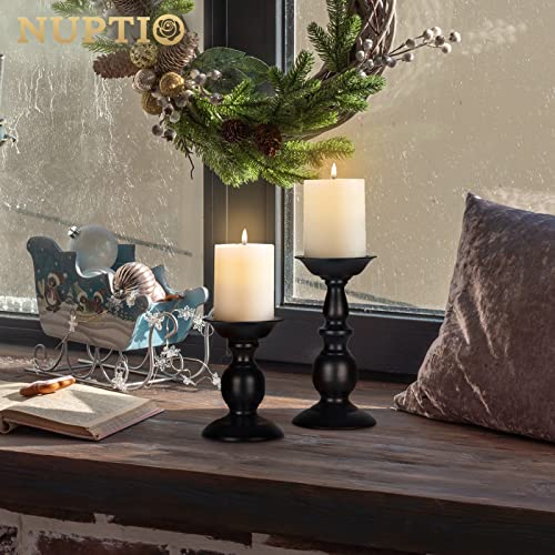 Nuptio Black Candle Holder for Pillar Candles - 2 Pcs Rustic Candle Holders Set Metal Candle Stand Tall Retro Fall Pillar Candleholder for Halloween Easter Farmhouse Fireplace Home Table Centerpiece - color: Black, size: S + L