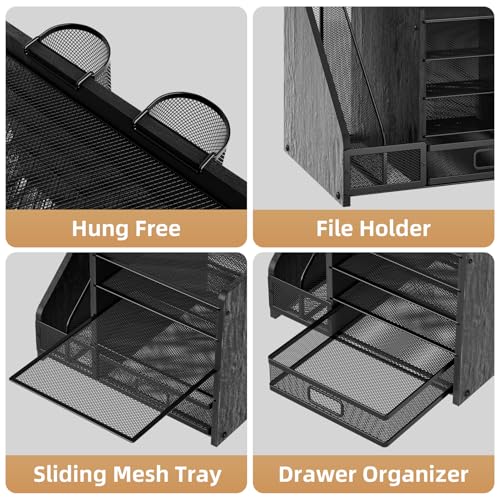 Marbrasse Desk Organizer with File Holder, 5-Tier Paper Letter Tray Organizer with Drawer and 2 Pen Holder, Mesh Desktop Organizer and Storage with Magazine Holder for Office Supplies (Wood-Black) - color: Wood-Black