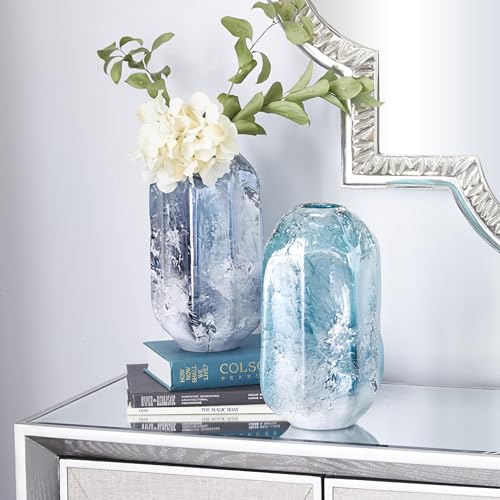 Deco 79 Glass Handmade Decorative Vase Blown Centerpiece Vases, Set of 2 Flower Vases for Home Decoration 12", 11"H, Blue