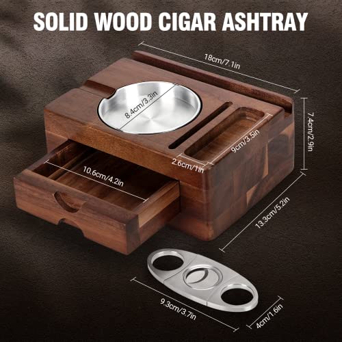 Tesonway Cigar Ashtray, Wooden Cigar Ashtrays with Cigar Cutter, Phone Tablet Holder, Cigar Holder, Accessories Drawer and Lighter Slot, Home Bar Outdoor Ashtray, Great Cigar Accessories Gift for Men