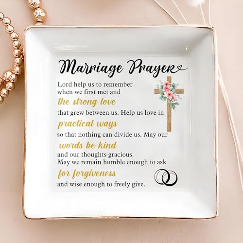 Christian Wedding Gifts for Couple, Marriage Prayer 4" Ceramic Jewelry Dish for Women, Religious Wedding Gift for Newlyweds, Wife - Married Couples Anniversary - Mr & Mrs, Bridal Shower Gift - color: Marriage Prayer