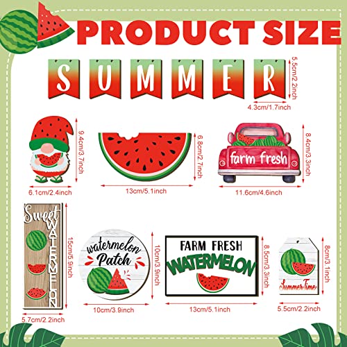 13 Pcs Summer Watermelon Tiered Tray Decor Set Farmhouse Wood Summer Wood Sign Hawaii Tiered Tray Decorations Tabletop Rustic Wooden Red Gnome Table Signs for Home Kitchen Table Decoration - style: Watermelon