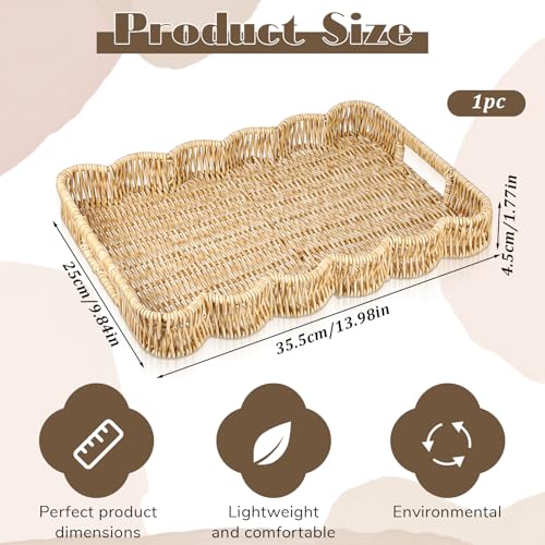 Scalloped Tray Rectangle with Handles, 13.98 x 9.84 x 1.77 Inch Hand Woven Serving Trays Rustic Plastic Coffee Table Decorative Tray for Living Room, Kitchen, Bathroom, Dining Table Decor