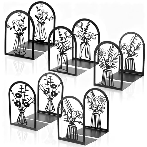 Kifmurase 5 Pair Metal Book Ends, Modern Decorative Flower Shelves Bookends, Black Book Stopper for Heavy Books, Novety Floral Books Shelf Holder Ends for Home Office School, 6.6×4.7×3.6 inch