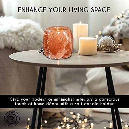 Pride of India Himalayan Pink Salt Rock Light Holder | Natural Crystal Candle Holder for Home Decor, Meditation & Relaxing Ambience | Handcrafted Votive Candle Holder for Living Room & Gifting - color: Pink Salt Crystal Tea Light Holder - Natural Single H