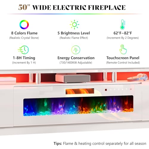 AMERLIFE 90" 2 Tier Fireplace TV Stand with 50" Fireplace, Modern Large Entertainment Center LED Lights, Media Console Table Storage Cabinet for TVs Up to 100", Living Room, White & White - color: White & White, size: 90"