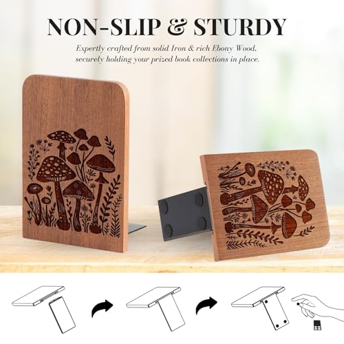 Mushroom Gifts, Mushroom Bookends, Bohemia Style Heavy Duty Wooden Bookends for Shelves Decorative(1 Pair, 4.72x6.69 Inches)