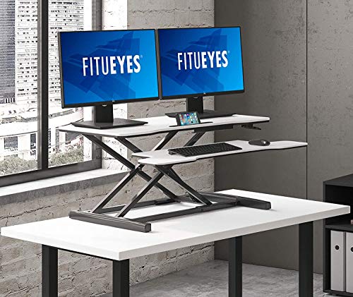 FITUEYES Height Adjustable Standing Desk 36” Wide Sit to Stand Converter Stand Up Desk Tabletop Workstation for Laptops Dual Monitor Riser White SD309103WW - color: White