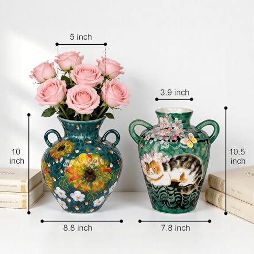10 Inch Ceramic Vase with Sunflower & Daisy Design, Hand-Painted Decorative Flower Vase with Handles, Rustic Farmhouse Table Centerpiece, Ideal Gift for Sunflower Lovers & Home Decor Enthusiasts - color: Green-sunflower