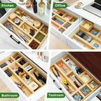 Bamboo Drawer Organizer Set, 9 PCS Multi-Use Individual Wood Storage Organizers, Junk Drawer Divider and Storage Trays Containers for Kitchen, Bathroom, Office Desk, Makeup, Jewelry, Utensils - size: 9
